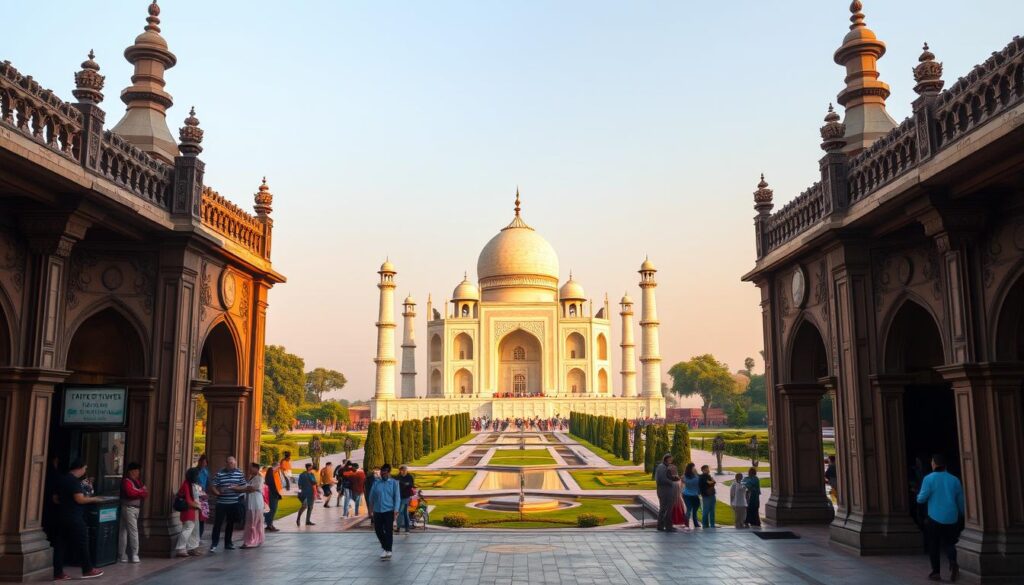 A grand and ornate entrance to the iconic Taj Mahal, captured in a warm, golden-hour light. In the foreground, intricate stone archways and decorative motifs frame the ticket booth, where visitors queue to purchase their admission tickets. In the middle ground, the towering white marble mausoleum stands majestically, its domes and minarets reflecting the warm hues of the setting sun. The background is filled with lush, verdant gardens and tranquil reflecting pools, creating a serene and picturesque atmosphere. The overall scene conveys the grandeur and significance of this historical landmark, welcoming visitors to explore its rich history and architectural wonders.