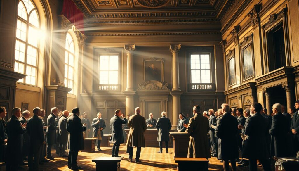 A grand and stately hall, the Verfassung von 1791 depicted in the style of a 19th-century academic painting. In the foreground, a group of delegates in formal attire stand debating, their gestures animated as they discuss the new constitutional charter. Sunlight streams through large windows, casting a warm, contemplative glow over the scene. In the middle ground, ornate columns and decorative flourishes lend an air of gravitas and historical significance. The background fades into a shadowy, paneled interior, hinting at the weighty deliberations and momentous decisions unfolding within. The overall mood is one of solemnity and civic purpose, capturing the transition from constitutional monarchy to republic.