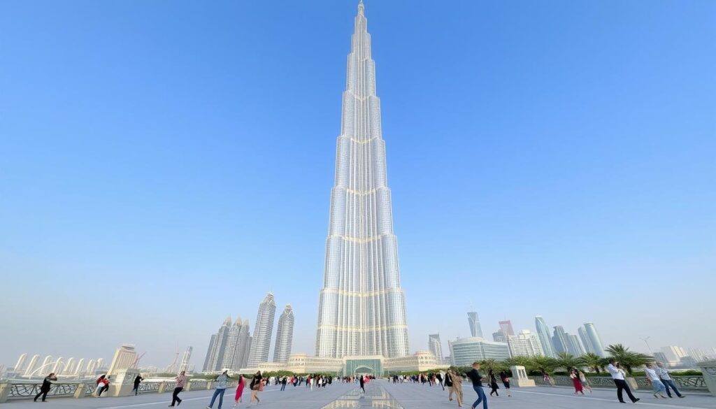 A grand, architectural masterpiece stands tall against the clear azure sky of Dubai. The Burj Khalifa, the world's tallest building, looms majestically in the foreground, its sleek, modern design and towering spire capturing the imagination. In the middle ground, visitors stroll along the bustling plaza, taking in the breathtaking views and snapping photos to commemorate their experience. The background features the vibrant cityscape, a tapestry of skyscrapers and lush greenery, creating a striking contrast with the iconic tower. Soft, diffused lighting illuminates the scene, lending a sense of tranquility and wonder to the moment. This image aims to inspire and guide those seeking to explore the highest point on Earth, offering a glimpse of the awe-inspiring sights and experiences that await.
