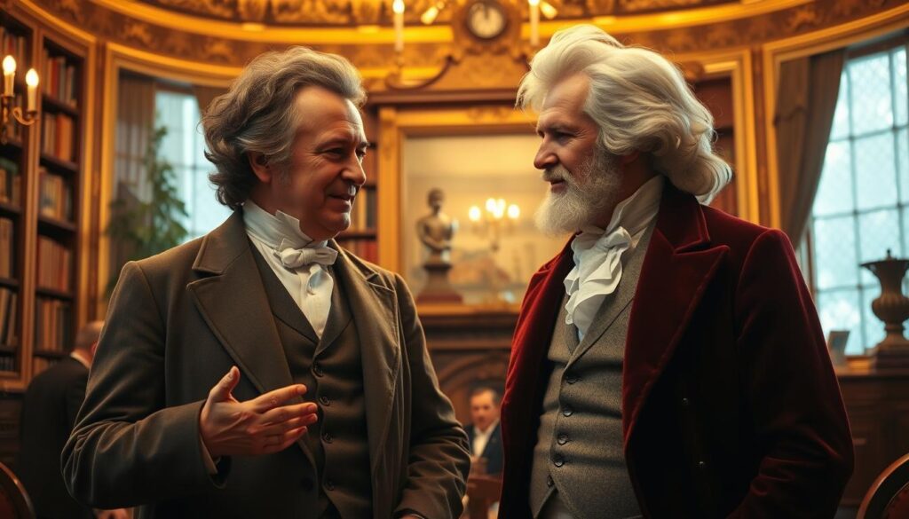 A grand, elegant portrait depicting the famed friendship between acclaimed German writers Friedrich Schiller and Johann Wolfgang von Goethe. In the foreground, the two men stand side by side, engaged in animated discussion, their faces aglow with the spark of intellectual camaraderie. Schiller, in a formal coat and waistcoat, gestures emphatically, while Goethe, in a rich velvet jacket, listens intently. The middle ground is bathed in warm, golden light, evoking the literary salons of 18th century Weimar. In the background, a grand, ornate bookshelf hints at the depth of their shared passion for literature. The overall scene conveys a sense of profound mutual respect, collaboration, and the joy of creative partnership.