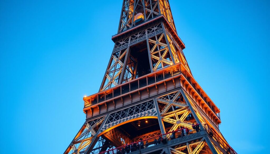 A grand, iconic structure rises majestically against a crisp, azure sky. The Eiffel Tower, in all its wrought-iron splendor, stands proudly, its multi-tiered levels cascading downward, each offering a unique vantage point to behold the city of Paris below. Visitors ascend the tower's ornate staircases, their footsteps echoing through the cavernous interior, leading them to the various observation decks that offer panoramic views of the Seine River, the historic landmarks, and the bustling streets. Warm, diffused lighting illuminates the intricate lattice of girders and beams, casting a warm, inviting glow upon the scene. A sense of wonder and awe permeates the air, as the Eiffel Tower's sheer scale and engineering prowess captivate all who gaze upon it.