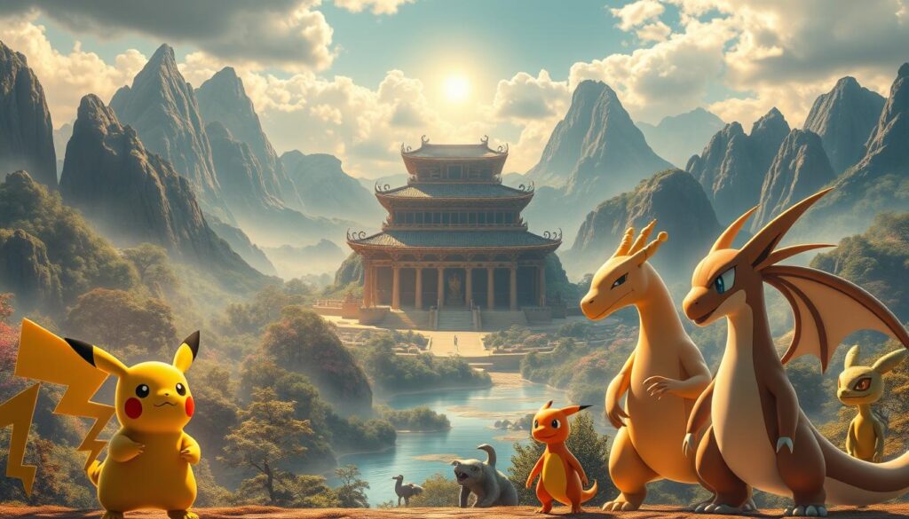 A grand, majestic scene depicting the cultural significance of Pokémon. In the foreground, iconic Pokémon characters such as Pikachu, Charizard, and Mewtwo stand together, their expressions conveying a sense of reverence and importance. The middle ground features a lush, fantastical landscape with towering mountains, vibrant forests, and shimmering lakes, reflecting the diverse and enchanting world of Pokémon. In the background, a magnificent temple or shrine stands, its ornate architecture and glowing, ethereal light symbolizing the deep cultural and spiritual resonance of the Pokémon franchise. The scene is illuminated by a warm, golden glow, evoking a sense of timelessness and the enduring legacy of Pokémon. Cinematic, hyper-detailed, masterful lighting, elegant composition.
