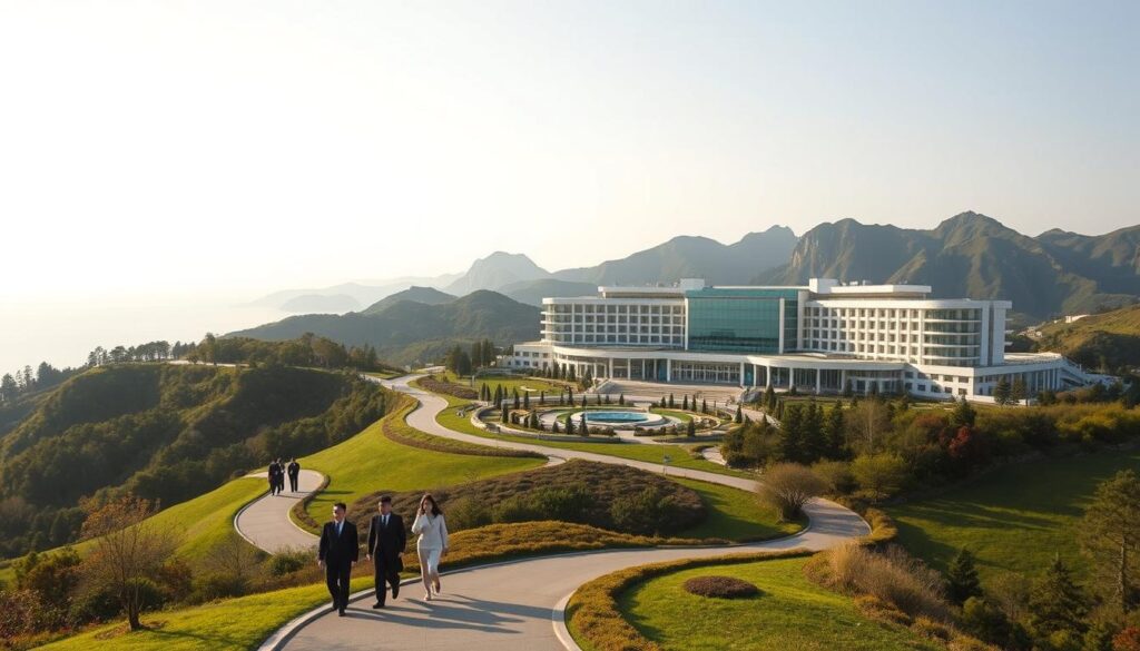 A grand, modern resort nestled in the lush hills of Wonsan, North Korea. The Kalma Resort gleams in the soft afternoon light, its sleek architecture and manicured gardens a testament to Kim Jong Un's vision for a prosperous, tourism-driven future. In the foreground, a group of well-dressed visitors stroll along a winding path, taking in the stunning vistas of the East Sea. The middle ground features an expansive, state-of-the-art hotel complex, its reflective glass facade mirroring the surrounding landscape. In the background, the rugged peaks of the Kangwon Province rise majestically, evoking a sense of North Korea's natural splendor. The overall scene conveys a mood of controlled modernity, where Kim's authoritarian regime seeks to project an image of progress and economic dynamism to the world.