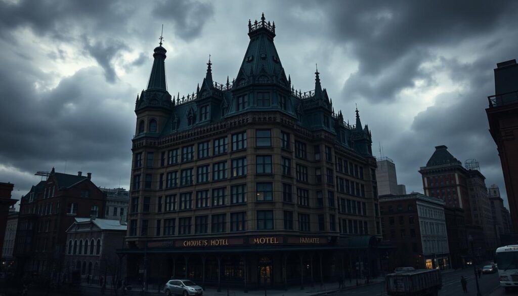 A grand, ominous structure rises against a gloomy, foreboding sky - the infamous "Murder Castle" of H.H. Holmes. In the foreground, a towering, gothic façade with ornate ironwork and pointed spires casts an unsettling shadow. The middle ground reveals a labyrinth of hidden hallways, trap doors, and dark chambers, where Holmes' sinister deeds were carried out. In the background, the bustling streets of late 19th century Chicago provide a chilling contrast, oblivious to the horrors occurring within. Dim, atmospheric lighting creates an ominous, unsettling mood, as if the very walls of this edifice conceal a dark, twisted history. Capture the ominous presence of this notorious "hotel of horrors" and the beginnings of H.H. Holmes' reign of terror.