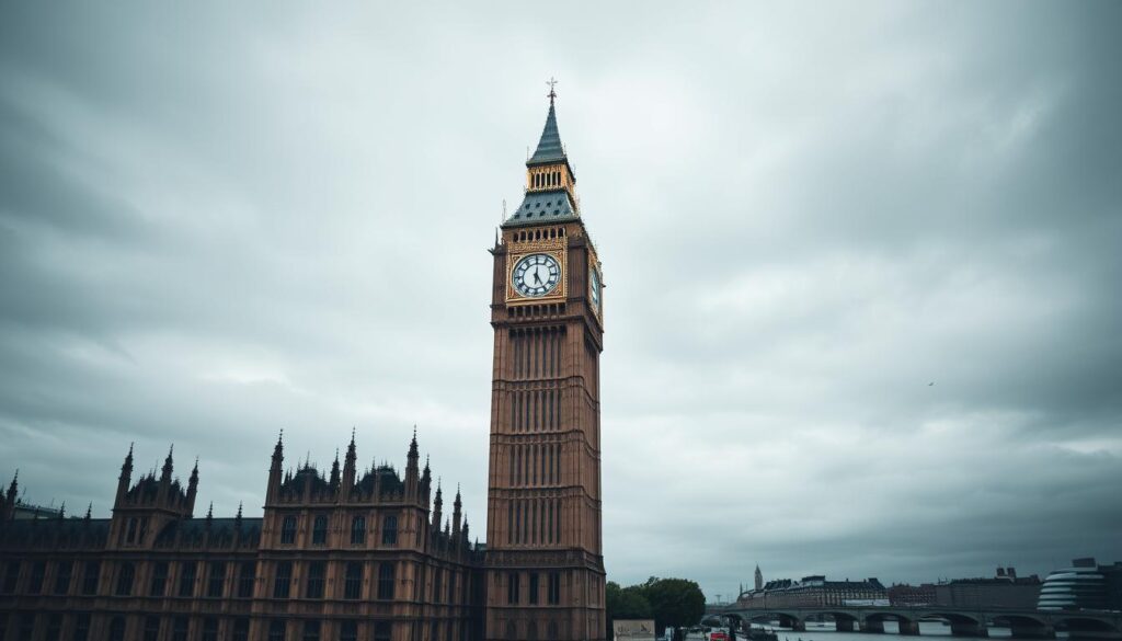 A grand, ornate bell tower stands majestically against a moody, cloudy sky. The Great Bell, also known as "Big Ben," dominates the foreground, its intricate design and weathered bronze surface glowing in the soft, diffused light. The tower's iconic Gothic architecture, with its graceful arches and delicate filigree, fills the middle ground, while the iconic Palace of Westminster and the River Thames stretch out in the distance. The scene exudes a sense of timeless grandeur and historical significance, capturing the essence of this beloved London landmark.