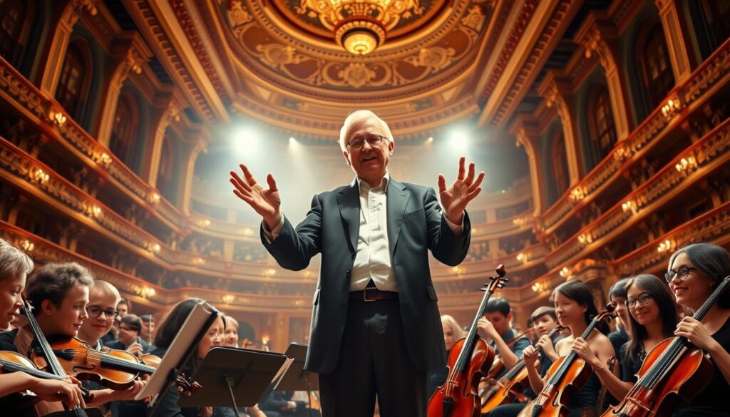 A grand, ornate concert hall filled with elegance and grandeur. In the center, the renowned violinist Carl Flesch stands proudly, surrounded by his talented students, each with their own instrument. The lighting is warm and inviting, casting a soft glow across the scene. Flesch's hands gesture expressively as he guides his pupils, their faces alight with concentration and the joy of music. The atmosphere is one of reverence and inspiration, as the students learn from the master's expertise. The perspective places the viewer as an observer, allowing them to witness this intimate moment of musical mentorship between Flesch and his devoted students.