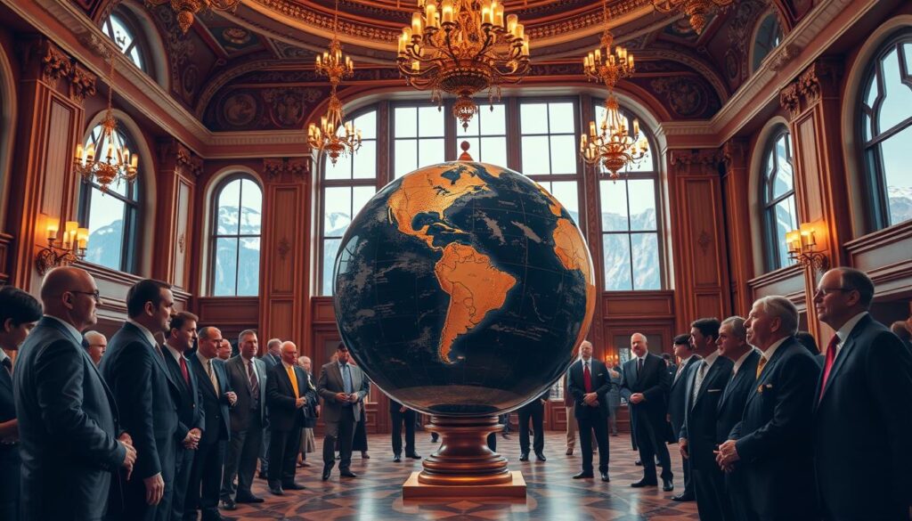 A grand, ornate hall with high ceilings and ornate chandeliers casting a warm, golden glow. In the center, a large, intricately detailed globe spinning slowly, representing the international standing of Liechtenstein. Surrounding the globe, elegant diplomats and statesmen engaged in animated discussions, their expressions conveying the gravity and importance of Liechtenstein's global position. In the background, towering windows offer glimpses of a majestic, mountainous landscape, hinting at Liechtenstein's natural grandeur. The overall scene exudes a sense of power, prestige, and diplomatic influence, befitting the subject of Liechtenstein's international standing.