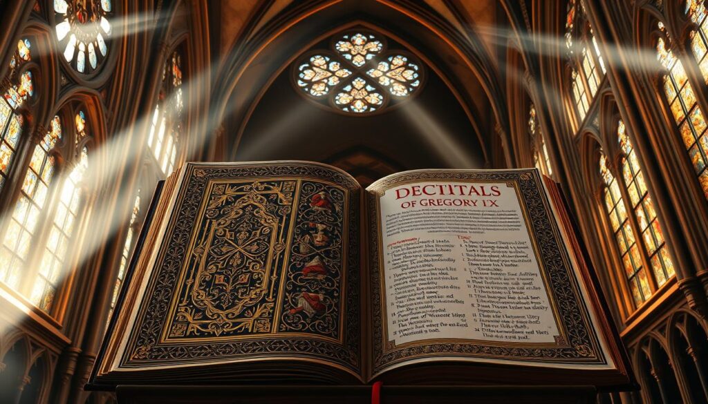 A grand, ornate illustration of the "Decretals of Gregory IX", a seminal legal text compiled under the direction of Pope Gregory IX in the 13th century. Set against a vaulted, gothic cathedral interior, the book's lavishly illuminated cover and pages are visible, showcasing intricate patterns, gilded edges, and religious iconography. Rays of warm, diffused light filter through stained glass windows, casting a contemplative, reverent atmosphere. The scene evokes the weight and significance of this influential work, which played a crucial role in the development of canon law and the Catholic Church's power during the Middle Ages.