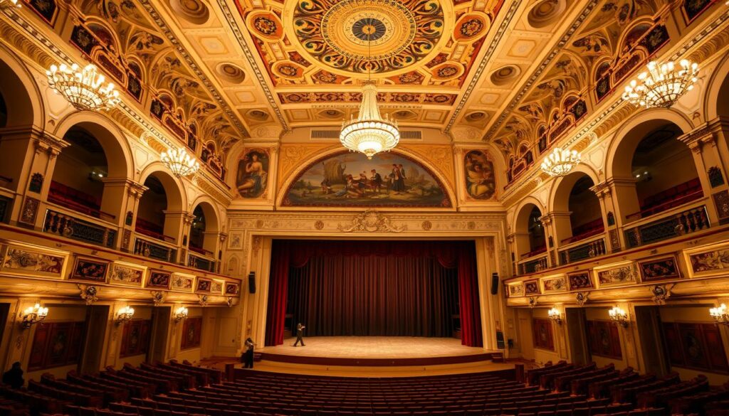 A grand, ornate interior space with high ceilings and elegant architectural details. A spacious performance stage takes center stage, surrounded by plush, tiered seating. The lighting is warm and inviting, casting a soft glow throughout the room. In the background, intricate murals and ornate chandeliers adorn the walls and ceiling, creating a sense of grandeur and sophistication. The overall atmosphere is one of refined elegance, perfectly suited for hosting a variety of cultural events and performances.