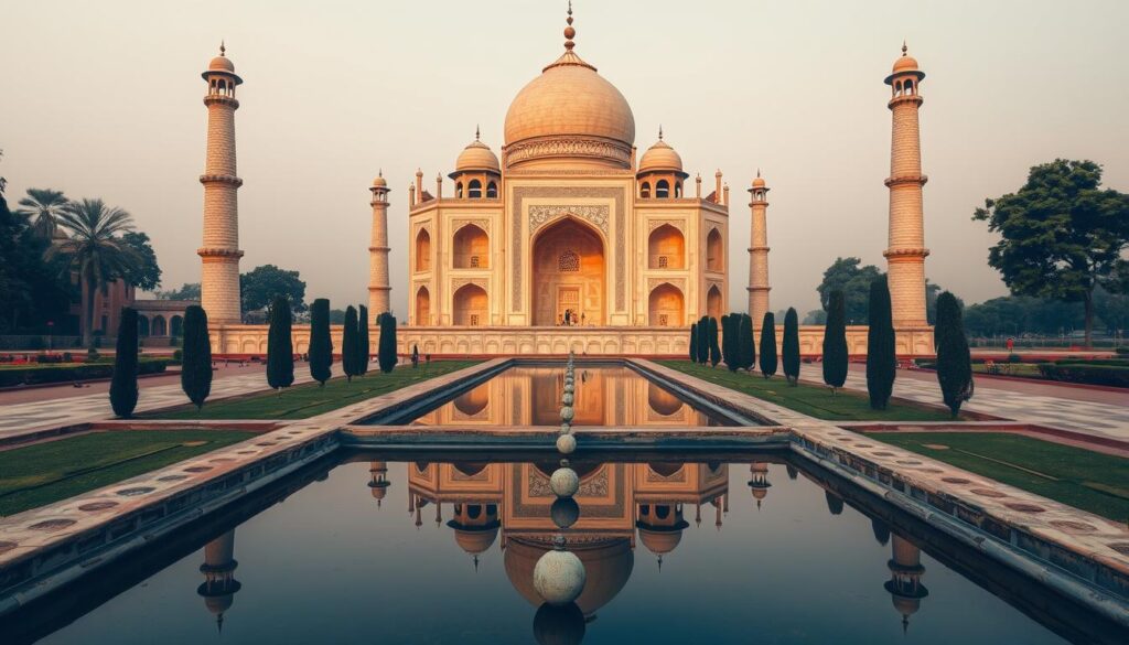 A grand, ornate marble mausoleum stands tall, its intricate architecture bathed in warm, golden light. Delicate floral motifs adorn the façade, symbolizing the eternal love it represents. Surrounding the central structure, a tranquil reflecting pool mirrors the structure's grandeur, creating a serene, contemplative atmosphere. In the distance, a lush, verdant garden frames the scene, adding to the sense of tranquility and timelessness. The Taj Mahal, a timeless monument to love, stands as a testament to the enduring power of human emotion.