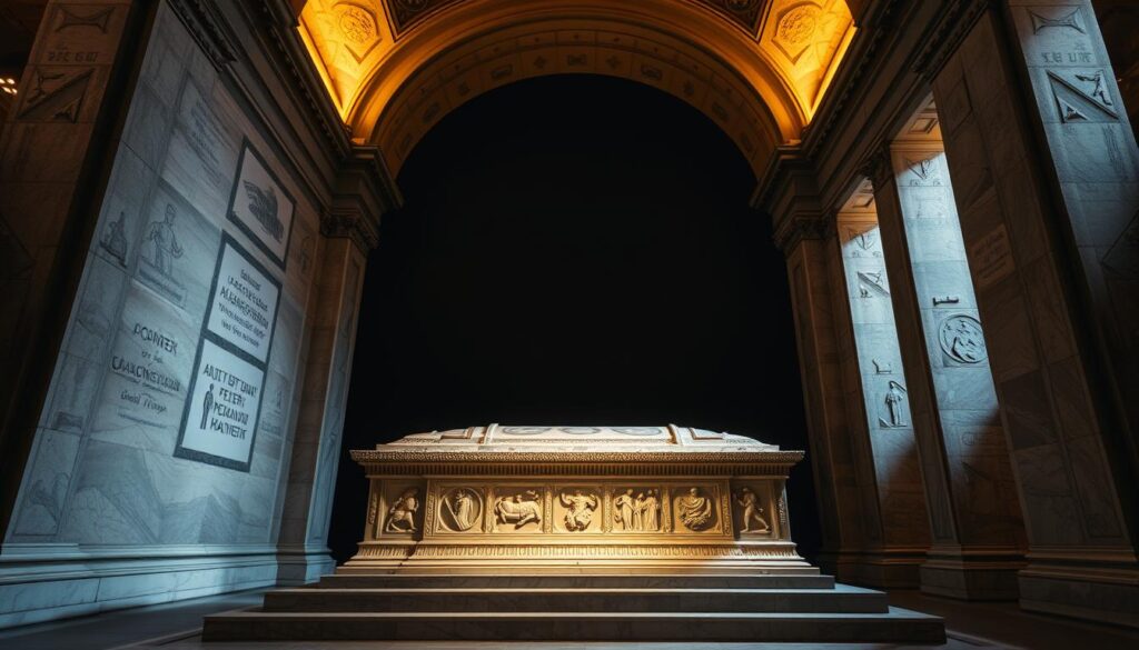 A grand, ornate marble sarcophagus situated in a dimly lit, reverential chamber, illuminated by soft, warm lighting from above. The sarcophagus is adorned with intricate, symbolic carvings, exuding a sense of profound historical significance. The surrounding space is characterized by soaring, vaulted ceilings, columns, and a serene, contemplative atmosphere, inviting visitors to kneel in reverence before the resting place of Saint Peter, the first pope and a central figure in Christianity.