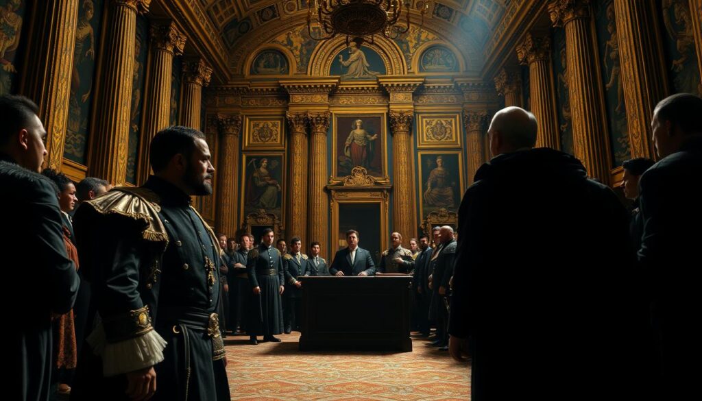 A grand palace hall, ornately decorated with gilded columns and tapestries, serves as the backdrop for a heated debate between two rival claimants to the throne. In the foreground, the men stand resolute, their expressions tense as they argue their cases, surrounded by a gathering of advisors and courtiers. Dramatic chiaroscuro lighting casts dramatic shadows, heightening the sense of tension and drama. The scene is captured with a cinematic, wide-angle lens, emphasizing the scale and grandeur of the setting. An aura of foreboding and uncertainty hangs in the air, hinting at the impending conflict that will soon erupt and reshape the course of history.