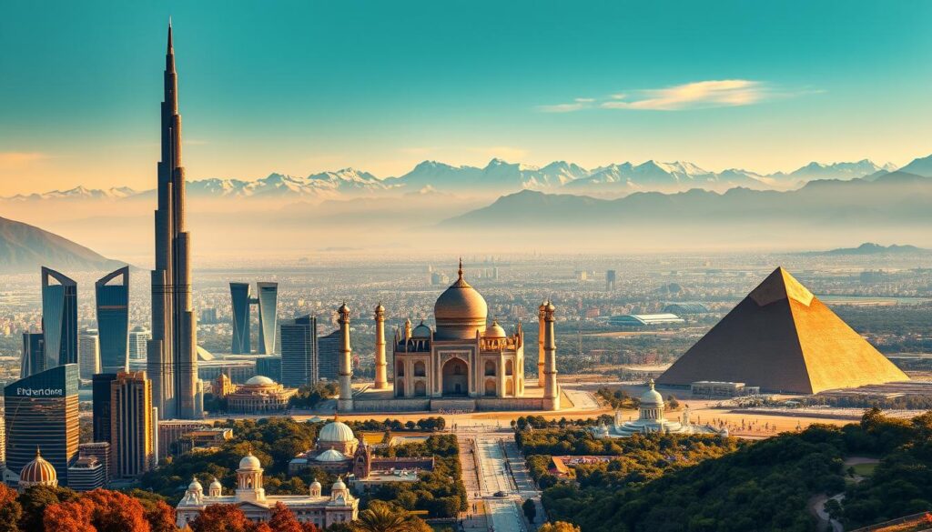 A grand panoramic scene of the "neue weltwunder", the modern wonders of the world. In the foreground, iconic structures like the Burj Khalifa, the Taj Mahal, and the Great Pyramid of Giza stand tall and majestic, bathed in warm, golden light. The middle ground features a sprawling cityscape with futuristic skyscrapers and gleaming, advanced infrastructure. In the background, a breathtaking natural landscape unfolds, with snow-capped mountains, lush forests, and shimmering bodies of water. The scene conveys a harmonious blend of human ingenuity and the grandeur of the natural world, a continuation of the tradition of the ancient wonders. The lighting is cinematic, creating a sense of awe and wonder, inviting the viewer to explore and appreciate the marvels of the modern age.