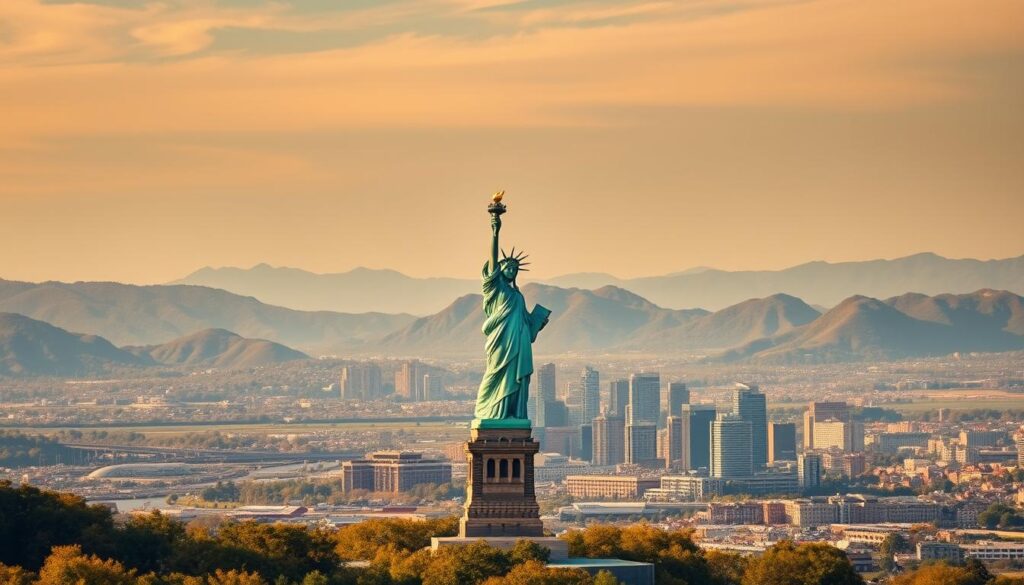 A grand, sweeping landscape depicting the principles of democracy and human rights. In the foreground, a towering, majestic statue of Lady Liberty, her torch held high, illuminating the scene. In the middle ground, a bustling city skyline, modern architecture and infrastructure symbolizing the progress and prosperity enabled by these ideals. In the distant background, rolling hills and mountains, representing the enduring strength and resilience of a free society. Warm, golden lighting filters through from above, casting a hopeful, inspirational glow. Crisp, detailed textures throughout, captured with a wide-angle lens to convey the grand scale and significance of these core Enlightenment values.