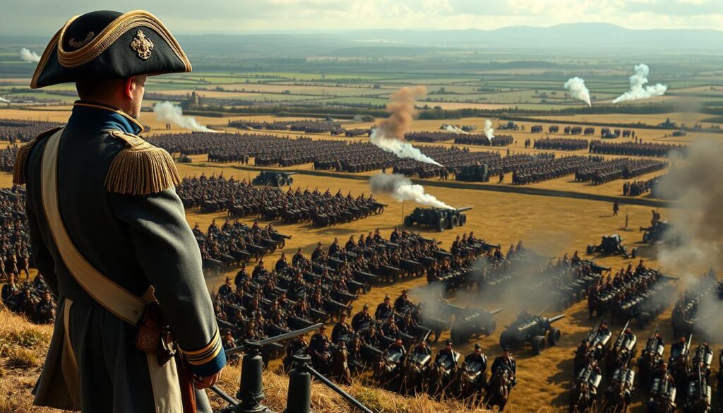 A grand tactical battlefield scene of Napoleon Bonaparte overseeing his army's maneuvers during a pivotal military campaign. In the foreground, the French Emperor, resplendent in his iconic bicorne hat and military regalia, stands atop a hill, surveying the landscape through a tactician's lens. Rows of disciplined infantry and artillery pieces stretch out below him, poised for the impending clash. In the middle ground, cavalry units charge forward, sabres drawn, while smoke billows from cannon fire. The distant horizon is dotted with the silhouettes of fortified positions and troop movements, hinting at the broader strategic context. Dramatic lighting casts long shadows, heightening the sense of tension and impending conflict. The scene conveys Napoleon's mastery of military strategy and his ability to direct the flow of battle with precision and foresight.