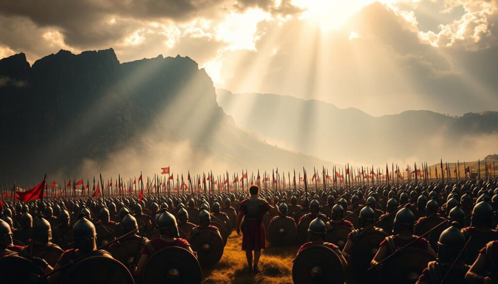 A grand tactical formation of Alexander the Great's army at the Battle of Issus, with hoplite phalanxes, cavalrymen, and archers in a sweeping vista. Sunlight filters through storm clouds, casting dramatic shadows over the disciplined ranks. In the foreground, the Macedonian king directs his forces, his small stature belying the strategic genius that will secure him victory. Towering mountains loom in the background, the rugged terrain mirroring the intensity of the coming clash. Captured in a cinematic, wide-angle perspective, this image conveys the scale and drama of Alexander's conquests, despite his diminutive physical presence.