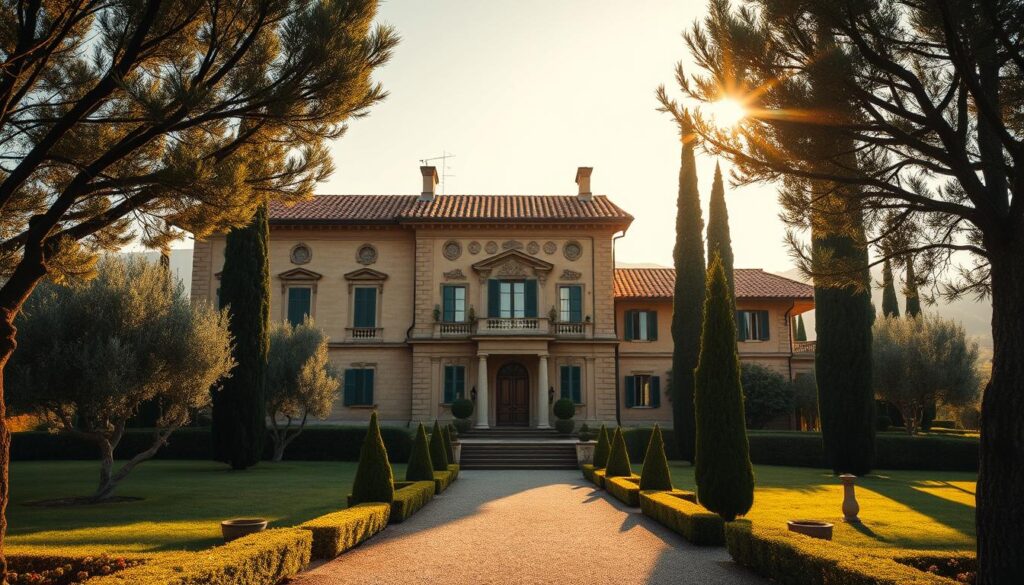 A grand villa nestled in the rolling hills of Tuscany, the Robert Einstein Villa Il Focardo stands as a testament to the family's legacy. The majestic two-story structure, adorned with intricate stone carvings and topped by terracotta roofs, commands attention. Lush olive groves and cypress trees frame the scene, creating a peaceful, idyllic atmosphere. Warm, golden sunlight filters through the windows, casting a gentle glow over the stately facade. The villa's symmetrical design and well-manicured gardens evoke a sense of harmony and elegance, a fitting representation of the Einsteins' refined and cultured lives. This tranquil haven, once a joyful family home, now serves as a poignant reminder of the tragic events that unfolded in the summer of 1944.