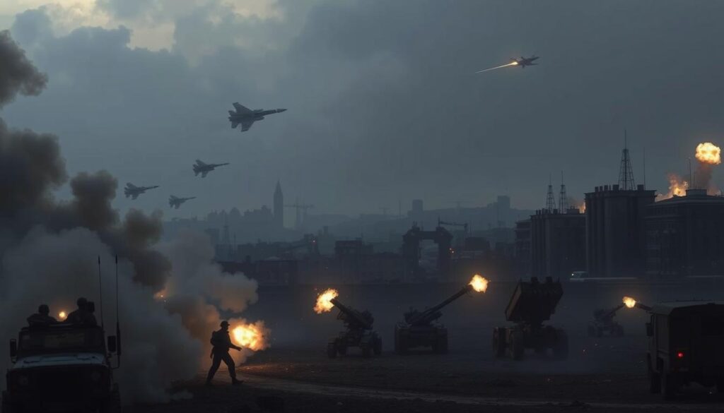 A grim, dystopian landscape of a critical air defense situation. In the foreground, military vehicles and personnel scramble amidst billowing smoke and chaos. In the middle ground, anti-aircraft guns and missile launchers are poised, their targeting systems active. The background is dominated by a heavily fortified, war-torn cityscape, with crumbling buildings and the silhouettes of fighter jets streaking across a somber, darkened sky. The scene is illuminated by flashes of artillery fire and explosions, creating an ominous, tense atmosphere of impending conflict and uncertainty. The image conveys the gravity and high stakes of the situation, reflecting the fragility of European security.