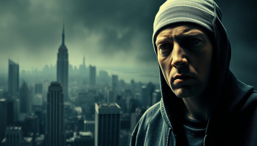 A gritty, moody scene capturing the controversies and scandals surrounding Eminem's life and career. In the foreground, a distressed Eminem figure, his face partially obscured, symbolizing the turbulent nature of his public image. In the middle ground, a collage of newspaper headlines and paparazzi photos, hinting at the media scrutiny and scandals he has faced. The background is a hazy, ominous cityscape, reflecting the darker aspects of fame and the high-stakes environment Eminem navigates. The lighting is dramatic, with deep shadows and highlights, creating a sense of unease and intensity. The overall tone is one of brooding introspection, capturing the complex and often controversial nature of Eminem's life and legacy.