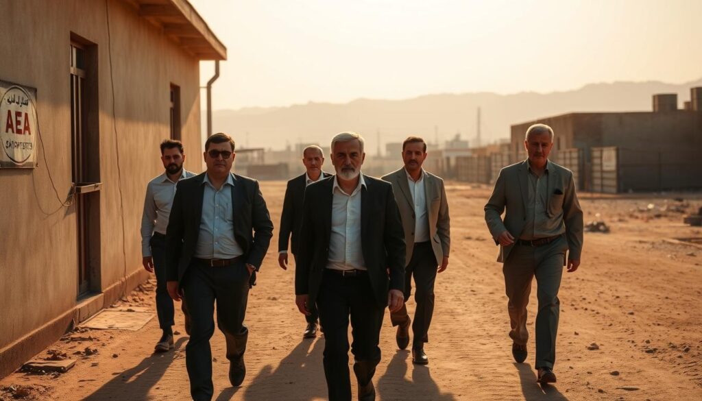 A group of IAEA inspectors walking solemnly out of a nondescript building in Iran, their faces somber and guarded. The scene is bathed in a warm, golden light, casting long shadows across the dusty ground. In the background, the skyline is hazy, with the outlines of low-rise structures and a hint of the Zagros Mountains in the distance. The inspectors' strides are measured, their expressions betraying a sense of unease, as if they are leaving behind a tense and uncertain situation. The mood is one of gravity and unease, reflecting the high stakes of the nuclear negotiations.