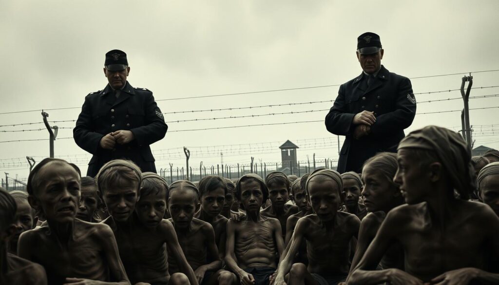 A harrowing scene of the Holocaust unfolds before us, captured in stark detail. In the foreground, a group of emaciated prisoners, their hollow eyes and gaunt frames bearing witness to unimaginable suffering. The oppressive shadow of the SS looms large, their black uniforms and harsh features exuding a palpable aura of cruelty and control. In the middle ground, the barbed wire and watchtowers of a concentration camp loom, a sinister backdrop to the atrocities playing out. The lighting is somber, casting a somber, muted tone over the entire scene, emphasizing the weight of the historical tragedy. The composition is tightly framed, drawing the viewer's gaze inescapably into the heart of this dark and harrowing moment in history.