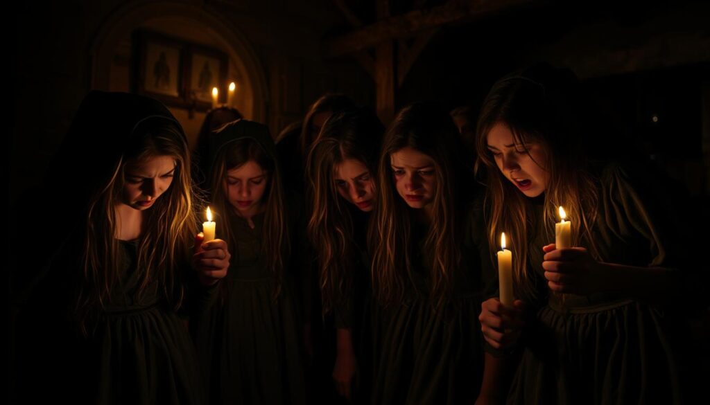 A haunting scene of the Salem witch trials: a dark, candlelit room where young girls, their faces contorted in anguish, cower and convulse as if possessed by unseen forces. Their long, disheveled hair and tattered dresses evoke the tension and fear of the era. Shadows loom ominously in the background, hinting at the sinister powers at work. The lighting is dramatic, casting an eerie, flickering glow that heightens the sense of dread and supernatural unease. The overall atmosphere is one of palpable hysteria and the disturbing collapse of reason in the face of superstition and mass hysteria.