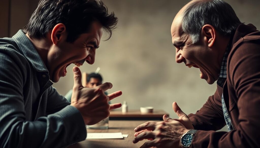 A heated argument erupts between two individuals, their faces twisted in intense emotions. The foreground captures the tension, with gestures and body language conveying the conflict. In the middle ground, a table or desk symbolizes the context of their confrontation, perhaps involving accusations or disputes. The background is hazy, emphasizing the focus on the central interaction. Dramatic lighting casts sharp shadows, heightening the sense of drama and unease. The overall scene conveys a palpable atmosphere of hostility and unresolved tensions, reflecting the challenges and controversies hinted at in the section title.