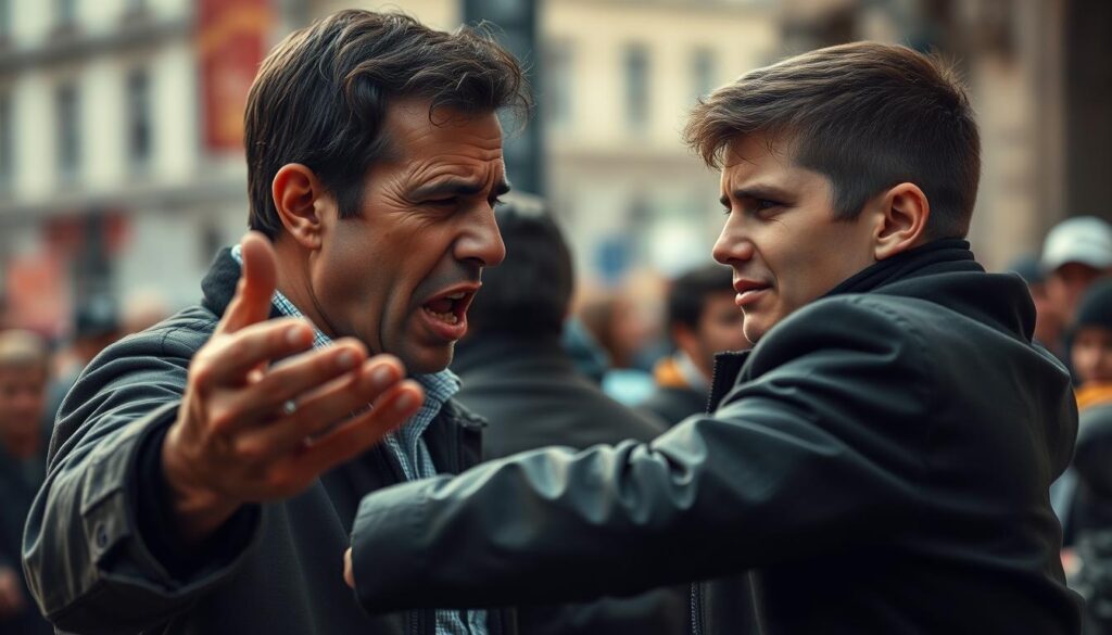 A heated confrontation between a father and son, their faces contorted with emotion, dominates the foreground of the scene. The father's hands are outstretched, gesturing emphatically, while the son leans back, his expression a mix of defiance and hurt. The background is blurred, hinting at a public setting - perhaps a crowded street or a town square - where the private conflict has spilled out into the open. The lighting is dramatic, casting deep shadows and highlighting the tension in the figures' postures. The overall mood is one of tension and unresolved conflict, reflecting the escalating nature of the father-son dynamic.