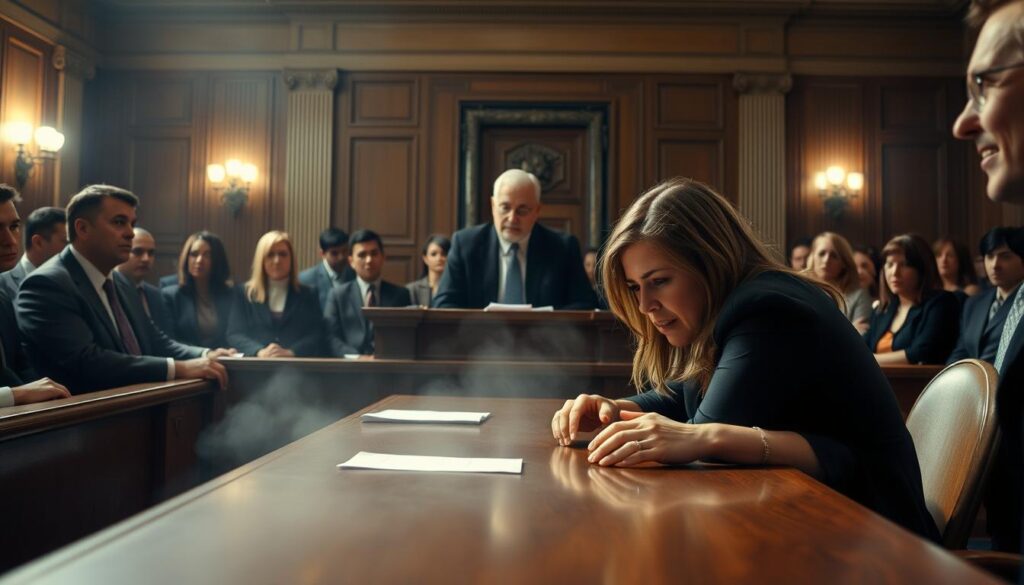 A heated courtroom scene, the center stage occupied by a distressed woman, Christina Block, as she battles for custody of her children. The foreground captures her pained expression, eyes pleading, hands gripping the table before her. Surrounding her, a haze of tension, with attorneys in crisp suits and a stern-faced judge presiding over the proceedings. The middle ground reveals the hushed audience, onlookers frozen in anticipation, the weight of the case palpable. In the background, the imposing grandeur of the courthouse, its columns and paneled walls casting an air of authority. Dramatic lighting casts dramatic shadows, heightening the emotional intensity of the moment, as the custody dispute unfolds.