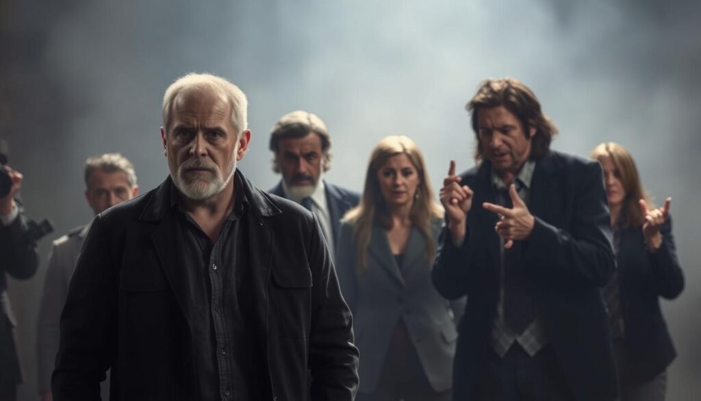 A heated debate surrounding Christian Wolf, portrayed in a tense, dramatic scene. In the foreground, Christian stands resolute, his expression a mix of determination and defensiveness as he argues his parenting philosophy. In the middle ground, a panel of critics gesticulate passionately, their faces etched with skepticism and disapproval. The background is hazy, suggesting the intense scrutiny and media attention enveloping the scene. The lighting is stark, casting dramatic shadows that heighten the sense of confrontation. The overall mood is one of conflict and high-stakes, reflecting the controversy surrounding Christian's unconventional approach to raising his child.