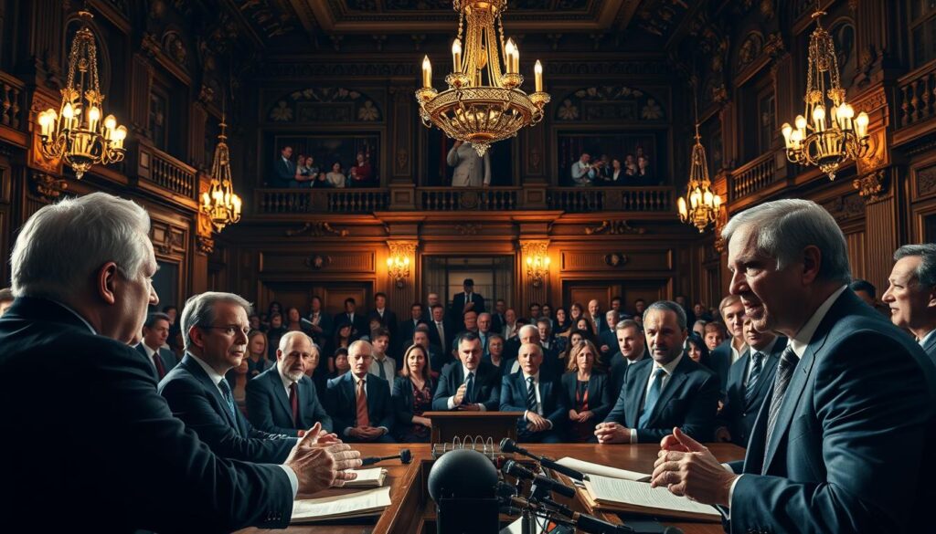 A heated political debate on electricity tax policy unfolds in a grand parliamentary chamber. In the foreground, opposing politicians passionately argue their positions, gesturing emphatically under the warm glow of antique chandeliers. The middle ground reveals a gallery of onlookers observing the tense proceedings, their expressions ranging from rapt attention to skepticism. The background showcases the ornate architectural details of the chamber, conveying a sense of historical significance and the gravity of the issue at hand. Dramatic lighting casts dramatic shadows, heightening the intensity of the discourse. The overall scene evokes the high-stakes nature of the political debate surrounding the potential changes to the electricity tax for consumers.