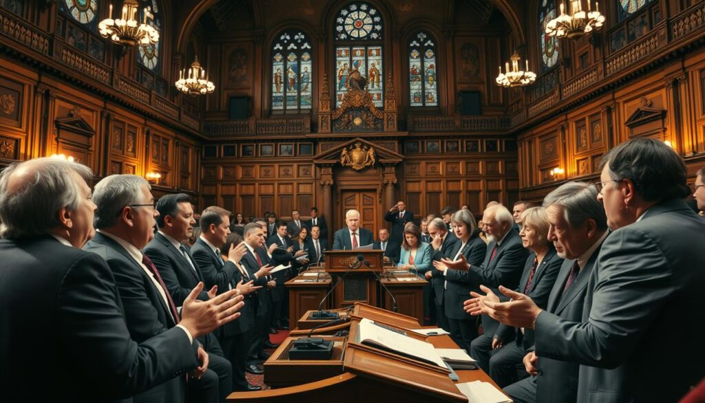 A heated political debate on refugee policy unfolds against a backdrop of a parliamentary chamber. In the foreground, lawmakers passionately argue, their gestures and expressions conveying the gravity of the issue. The middle ground features a podium and microphones, emphasizing the formal, high-stakes nature of the discussion. In the background, the ornate architecture and stained-glass windows suggest a venerable, centuries-old institution grappling with contemporary challenges. Dramatic, warm lighting casts dramatic shadows, heightening the intensity of the scene. A wide-angle lens captures the full scope of the debate, framing the participants within the grand, historic setting. The overall mood is one of serious deliberation, with an underlying sense of tension and urgency.