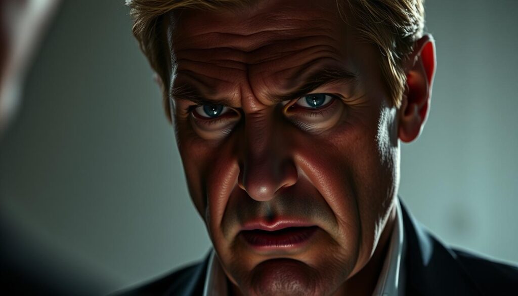 A high-contrast, cinéma vérité-style portrait of German TV personality Florian Silbereisen, captured in a tense, confrontational moment. Silbereisen's brow is furrowed, his jaw clenched, as he faces off against an unseen adversary. Dramatic chiaroscuro lighting casts sharp shadows across his face, highlighting the intensity of the moment. The background is intentionally blurred, keeping the focus solely on Silbereisen's turbulent expression, conveying the controversy and scandals that have surrounded his career.