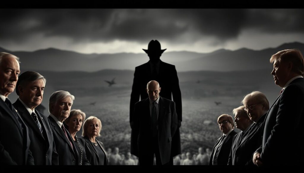 A high-contrast, cinematic image depicting the political reactions to the Epstein case. In the foreground, a group of politicians and public figures stand in somber contemplation, their expressions ranging from concern to outrage. In the middle ground, a shadowy figure representing the powerful elite casts a long, ominous shadow over the scene. The background is a blurred, ominous landscape, hinting at the far-reaching implications of the scandal. Dramatic lighting emphasizes the gravity of the moment, with deep shadows and highlights that lend a sense of mystery and unease. The overall mood is one of tension, intrigue, and the weight of unresolved questions surrounding the high-profile case.