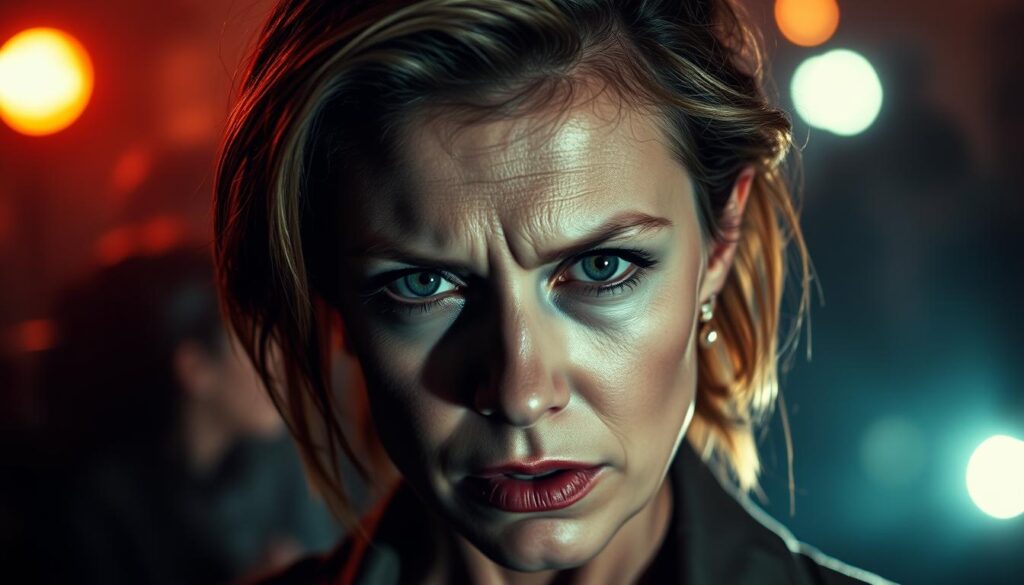 A high-contrast, cinematic portrait of Anne Wünsche, her expression conveying a sense of scandal and controversy. The background is hazy and blurred, with hints of paparazzi flashes and flashing cameras, evoking the intense media attention surrounding her. Dramatic lighting casts shadows across her face, creating an air of mystery and unease. The composition is tightly framed, focusing the viewer's attention on her piercing gaze and the tension in her features. The overall mood is one of drama, intrigue, and the public scrutiny that accompanies fame and notoriety.