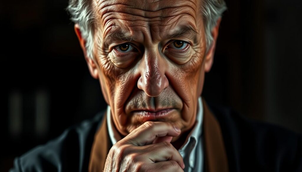A high-contrast, cinematic portrait of the charismatic German television personality Horst Lichter, known for his culinary expertise and controversial public persona. The image depicts Lichter in a thoughtful, introspective pose, his weathered face and piercing gaze commanding the viewer's attention. The lighting is dramatic, with strong shadows and highlights accentuating his distinctive features. The background is blurred, placing the focus solely on Lichter's captivating presence. The overall mood is one of contemplation, hinting at the scandals and wealth that have shaped his turbulent career.
