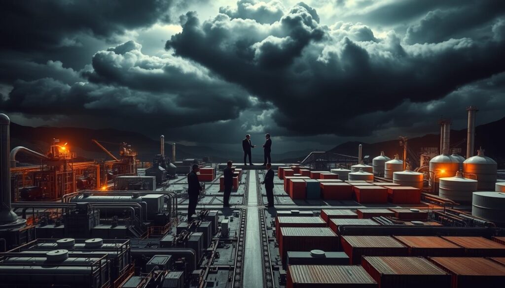 A high-contrast, cinematic scene depicting the economic and political consequences of the rare earth minerals trade dispute. In the foreground, a grid of industrial machinery and supply chain elements - mining equipment, chemical processing tanks, shipping containers - representing the complex infrastructure underpinning the rare earth industry. In the middle ground, shadowy figures in suits and uniforms - government officials, corporate executives, and trade negotiators - engaged in tense discussions. In the background, an ominous sky filled with dark clouds, suggesting the looming uncertainty and potential for escalation. The lighting is dramatic, with deep shadows and highlights emphasizing the gravity of the situation. The overall mood is one of tension, apprehension, and the high stakes involved in this geopolitical and economic conflict.
