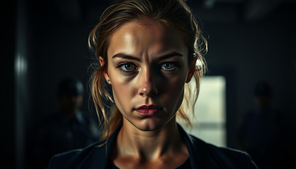 A high-contrast photographic portrait of a young woman in a dimly lit room, with a serious, somber expression on her face. The lighting is dramatic, casting deep shadows and highlights across her features. The background is blurred, but hints at the scene of a police station or government office. The woman's body language is tense and guarded, suggesting the weight of a difficult or traumatic situation. The overall mood is one of tension, uncertainty, and a sense of unease surrounding a sensitive personal or legal matter.