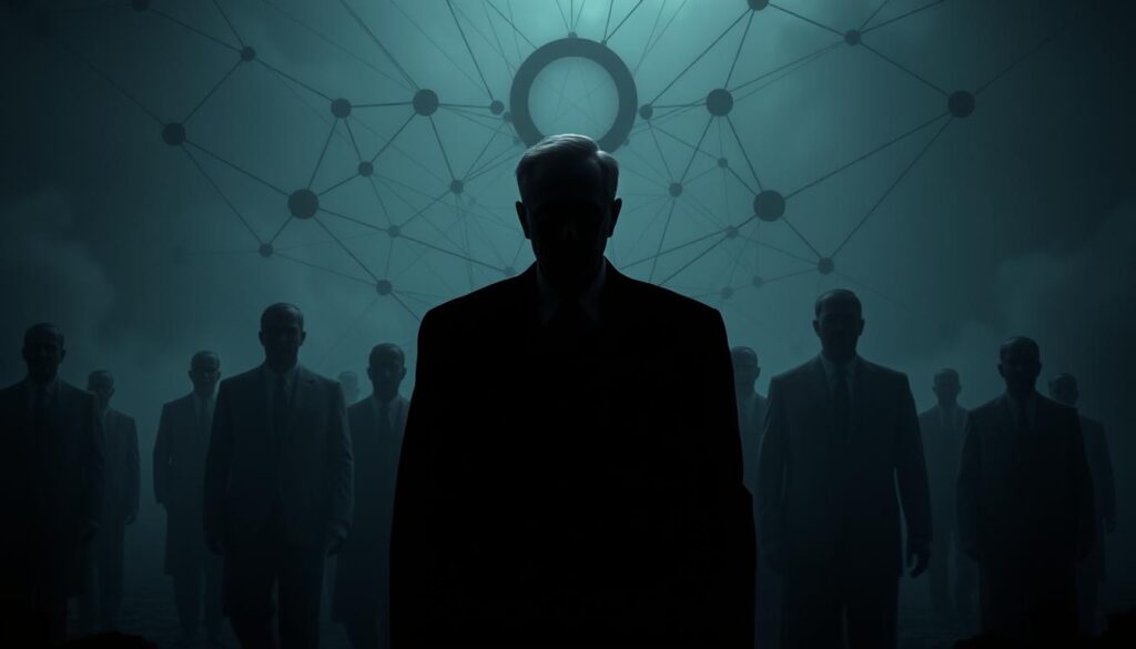 A high-contrast, photorealistic image depicting a shadowy, interconnected network of elite figures, represented by faceless silhouettes and abstract symbols. The scene is shrouded in an ominous, dimly lit atmosphere, creating a sense of mystery and foreboding. In the foreground, a central figure representing Jeffrey Epstein emerges from the darkness, surrounded by a web of lines and shapes that suggest hidden connections and power dynamics. The middle ground features a cluster of indistinct, powerful individuals, their identities obscured, while the background is filled with a hazy, dreamlike landscape that reinforces the sense of a secretive, clandestine world. The overall composition conveys a sense of conspiracy, corruption, and the sinister influence of the elite.