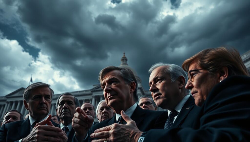 A high-contrast political scene, captured in a dynamic wide-angle composition. In the foreground, a group of serious-faced politicians engaged in heated debate, their gestures and body language conveying the tension of the moment. In the middle ground, a backdrop of imposing government buildings, their facades evoking a sense of power and authority. The sky above is ominous, with heavy clouds casting dramatic shadows across the scene, creating a somber, charged atmosphere. The lighting is dramatic, with strategic use of chiaroscuro to highlight the protagonists and their expressions. The overall effect is one of political turmoil and high-stakes decision-making, reflecting the volatile nature of the topic at hand.