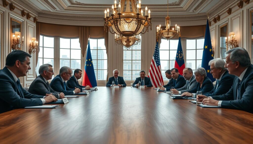 A high-level diplomatic meeting between European Union and United States officials, captured in a realistic cinematic style. The foreground depicts the negotiators seated around a large oak table, engaged in intense discussions, their expressions reflecting the gravity of the situation. The middle ground showcases the grand architecture of the meeting room, with its ornate chandeliers and floor-to-ceiling windows offering glimpses of the city skyline beyond. The background is softly lit, creating a sense of authority and importance. The overall mood is one of serious contemplation, as the negotiators strive to reach an agreement that will shape the future economic landscape between the two powerhouses.