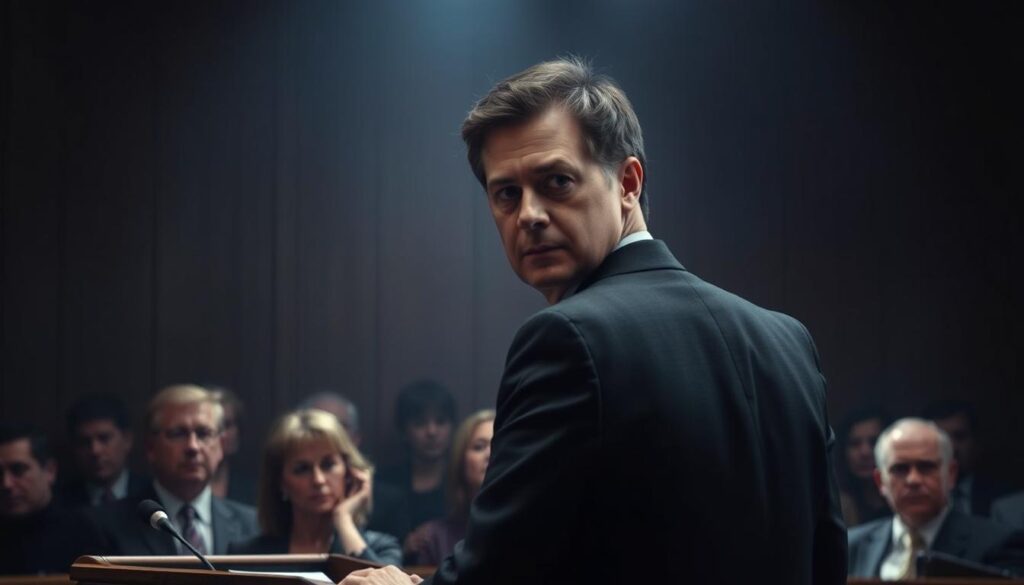 A high-profile court hearing featuring George Gascón, the district attorney of Los Angeles, set against a backdrop of the Menendez brothers' notorious case. The scene is captured in a dramatic, cinematic style, with Gascón standing at the podium, his expression intense and focused, as he addresses the courtroom. The lighting is moody and atmospheric, casting deep shadows and highlighting the gravity of the proceedings. The middle ground features the audience, their faces etched with anticipation, while the background is blurred, drawing the eye to the central figure. The overall tone is one of legal drama and high stakes, reflecting the significance of the Menendez case and its latest developments.