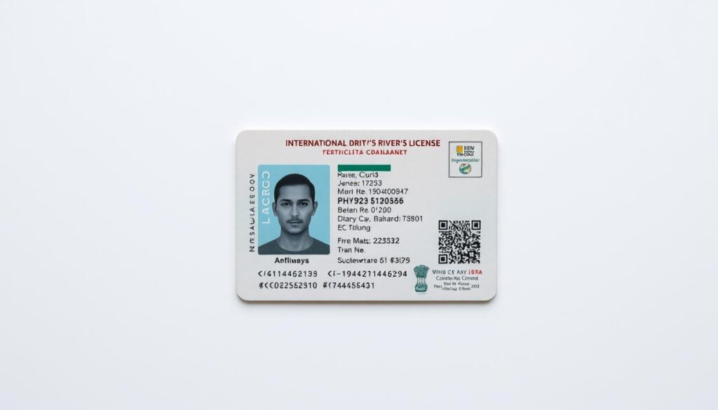A high-quality, official-looking international driver's license against a clean, professional background. The document is crisp and well-lit, with a subtle metallic sheen and distinct security features visible. The layout is symmetrical, with the main ID card centered and surrounded by relevant text and graphics. The overall composition conveys a sense of authority, authenticity, and global recognition. The scene has a neutral, slightly muted color palette to maintain a serious, administrative tone.