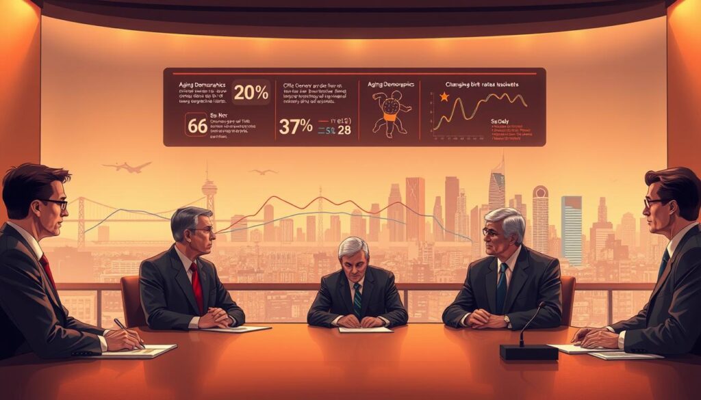 A high-resolution, detailed illustration depicting the role of the government in demographic policies. In the foreground, a group of government officials, dressed in formal attire, are gathered around a large table, engaged in a serious discussion. The middle ground showcases a visual representation of population trends, such as aging demographics and changing birth rates, presented through infographic-style elements. In the background, a panoramic view of a modern city skyline, symbolizing the broader societal and economic implications of demographic shifts. The lighting is warm and subdued, conveying a sense of contemplation and the gravity of the subject matter. The overall composition and color palette evoke a sense of thoughtful policymaking and the complex challenges faced by the government in addressing demographic changes.