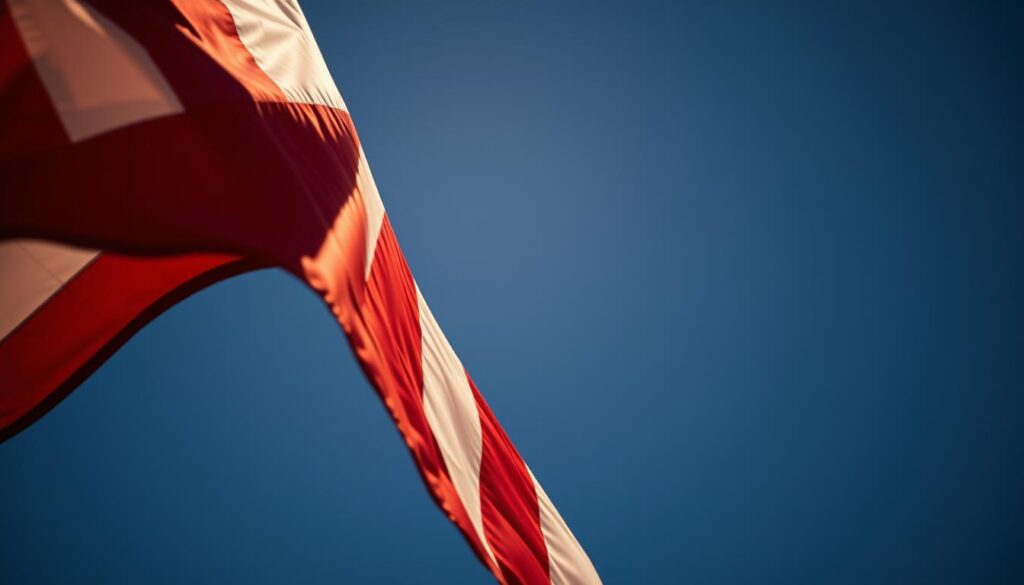 A high-resolution, hyper-detailed photograph of the symbolic elements of the United States flag, shot with a large format camera from a low angle to emphasize the grandeur and significance of the subject. The stars shine like beacons against a deep, navy blue sky, while the stripes cascade downward, their vibrant red and white hues shimmering in the warm, golden light of the sun. The folds and textures of the fabric are captured with exquisite clarity, conveying the flag's dignity and history. The composition is balanced and symmetrical, drawing the viewer's eye to the iconic design at the heart of this patriotic symbol.