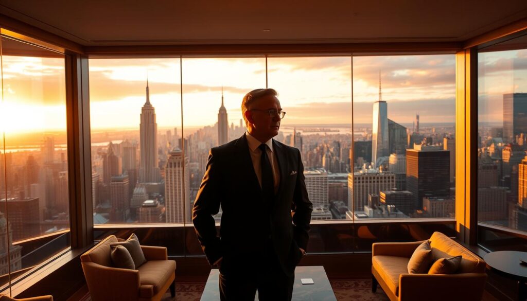 A high-resolution panoramic view of the New York City skyline, captured from a prestigious penthouse overlooking Central Park. In the foreground, a well-dressed man stands in an elegant living room, gazing out the expansive windows at the towering skyscrapers and bustling streets below. Warm, golden lighting illuminates the space, casting a sophisticated ambiance. The man's pose is confident, hinting at his affluence and success. In the background, the iconic landmarks of the Manhattan skyline, including the Empire State Building and One World Trade Center, stand tall against a vibrant, sunset-kissed sky. The composition conveys a sense of wealth, power, and the grandeur of the New York lifestyle that Maurice Bohlen has come to embody.