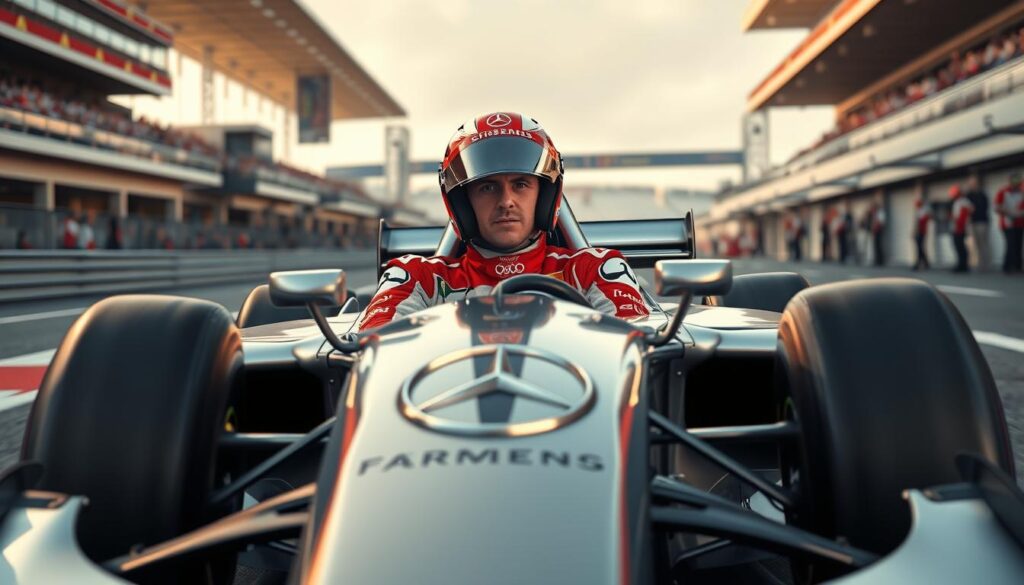A high-resolution, photorealistic image of Michael Schumacher in a Mercedes Formula One race car during his comeback years from 2010 to 2012. Schumacher is visible in the driver's seat, wearing his distinctive red and white racing suit, helmet, and gloves. The car is in the foreground, depicted with meticulous attention to detail, including the sleek, silver Mercedes livery, aerodynamic bodywork, and prominent three-pointed star logo. The background showcases a racetrack setting, with grandstands, pit crew, and other racing elements creating a dynamic, high-energy atmosphere. The lighting is natural, with warm, golden tones highlighting the car's curves and Schumacher's determined expression. The overall scene conveys a sense of speed, power, and Schumacher's return to the pinnacle of motorsport.