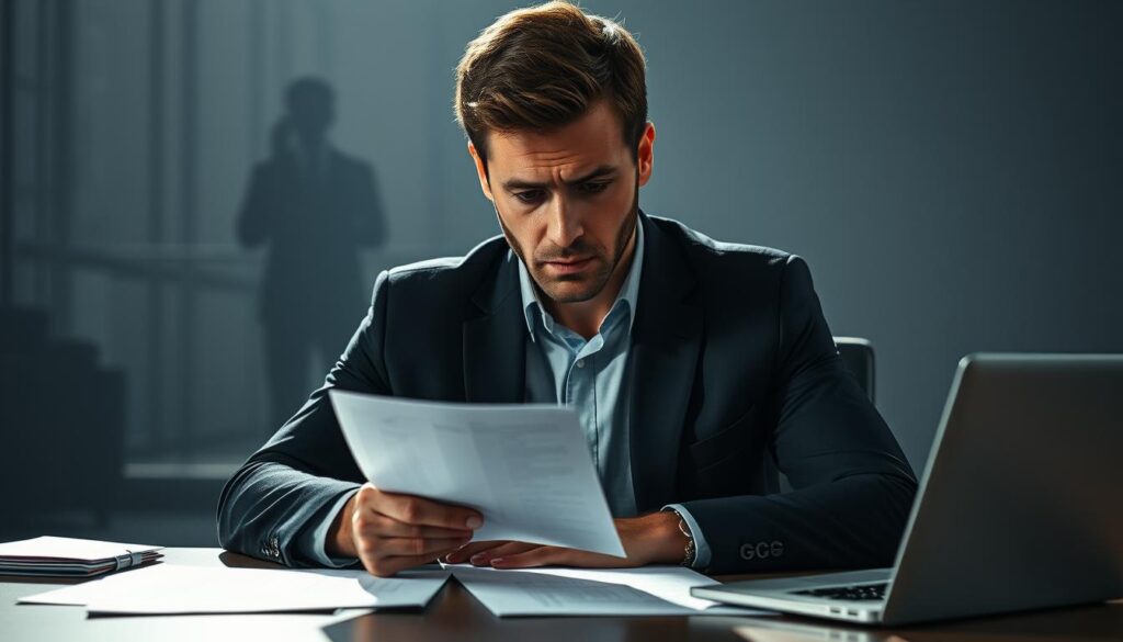 A high-resolution, photorealistic portrait of Thomas Müller engaged in intense contract negotiations. Müller sits at a desk, surrounded by documents and a laptop, with a serious expression on his face as he reviews the details of the contract. The lighting is dramatic, with shadows cast across his face, conveying the gravity of the situation. The background is blurred, with only a few indistinct figures in the distance, placing the focus entirely on Müller and the negotiation process. The overall mood is one of tension and determination, reflecting the importance of this moment in Müller's career.