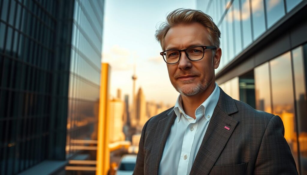 A high-resolution, wide-angle photograph of Eric Stehfest, a prominent German actor and author, standing confidently in front of a modern glass and steel office building, symbolizing his successful business ventures and lucrative net worth. The image has a warm, golden hue, with soft lighting highlighting his determined expression and well-tailored suit. In the background, a city skyline is visible, conveying a sense of wealth and prosperity. The overall composition and mood suggest Stehfest's financial stability, entrepreneurial spirit, and impressive professional achievements.