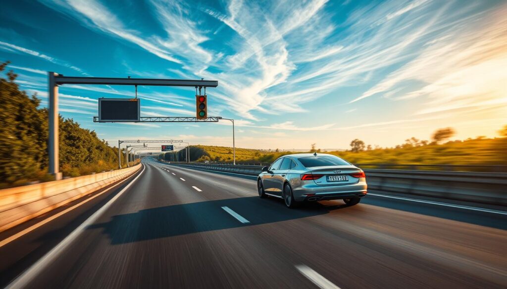 A high-speed German autobahn stretches into the distance, its sleek black asphalt cutting through a lush, verdant landscape. In the foreground, a modern, silver-hued sedan glides effortlessly, its streamlined design and powerful engine symbolizing the balance between performance and safety. Towering concrete barriers line the sides of the road, their sturdy construction providing a sense of security. Overhead, a network of advanced traffic lights and signage guide drivers, ensuring the smooth flow of vehicles. The sky is a brilliant blue, with wispy clouds casting a warm, golden glow over the scene. The overall atmosphere conveys a sense of efficiency, control, and the unwavering commitment to road safety that defines the Autobahn experience.